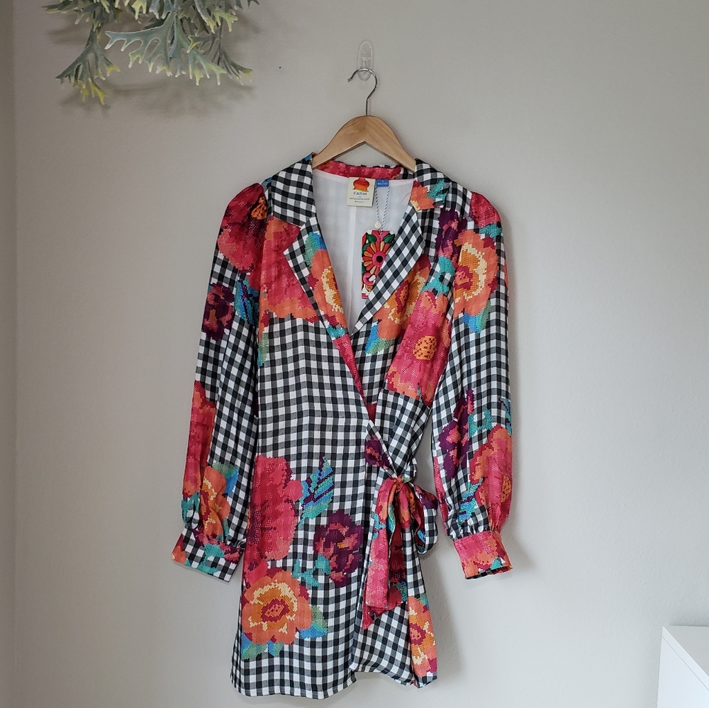❗SOLD❗Farm Rio | Gingham Floral Long Sleeve Collared Wrap Dress - Picture 5 of 16